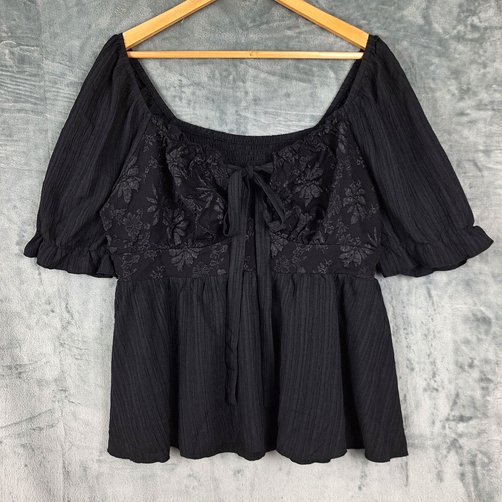 Womens Top 2XL Black‎ Babydoll Y2K Milkmaid Whimsigoth Floral Fairy Grunge Goth